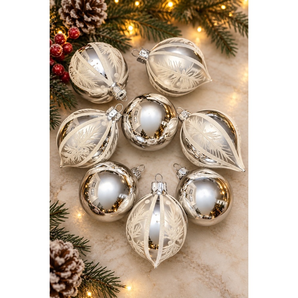 Vintage Romanian Glass Christmas Ornaments Silver White Hand Decorated Set 8